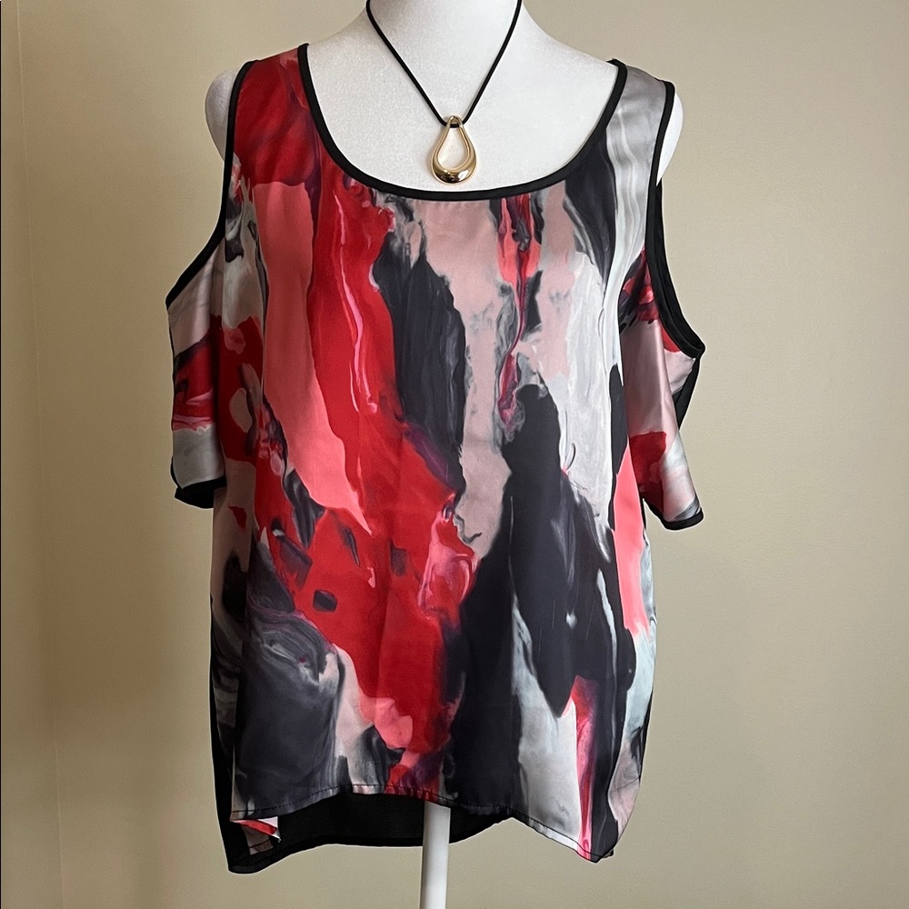 DKNY Women Cold Shoulder Red and Black Artistic Tank Top Size S